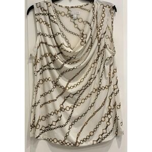 Charter Club Sleeveless Top 1X White Cowl Neck Gold Chain Equestrian AOP Preppy